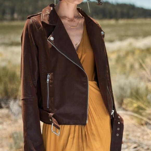 Brown Faux Suede Edgy Belted Hem Biker Jacket - Picture 1 of 5